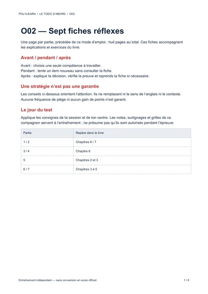 Première page — Fiches réflexes des sept parties