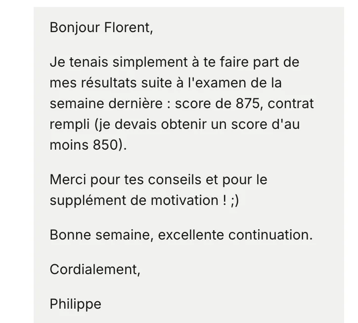 Message de Philippe annonçant son score officiel de 875 au TOEIC